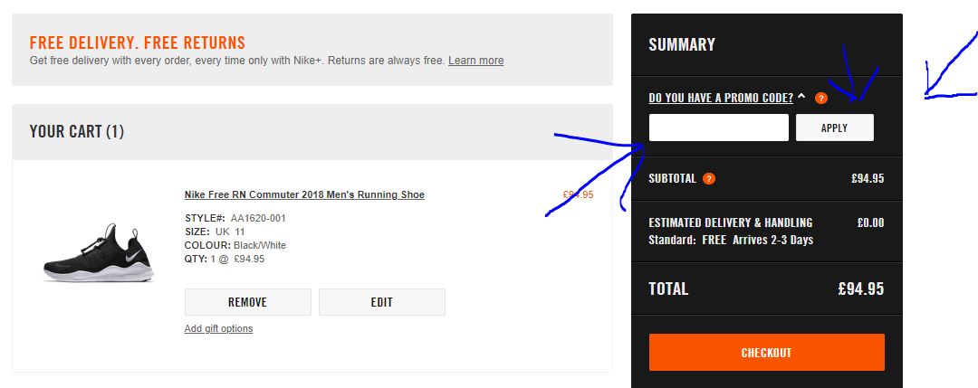 Nike Promo Code UK help for adding a Nike discount code
